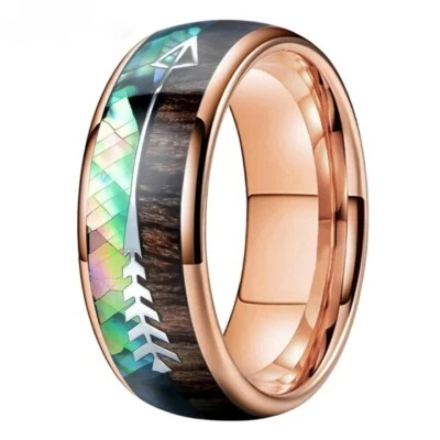 Anillo de carburo de tungsteno con incrustación de madera de koa flecha con carcasa de abulón de 8 mm pulido brillante Foto 1 de 4