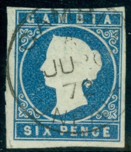 SG 3a Gambia 1869. 6d blau. Sehr fein gebraucht. 4 gute bis große Ränder KAT 180£ - Bild 1 von 1