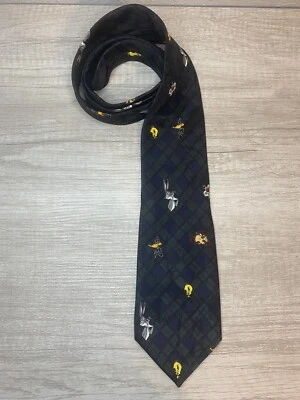 Vtg Looney Tunes Mania Necktie Men’s Tie Green Blue Plaid Bugs Bunny Taz Tweety - Image 1 of 4