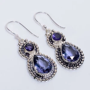 Iolite Gemstone Vintage Style Handmade 925 Sterling Silver Earrings 2" k813 - Picture 1 of 6