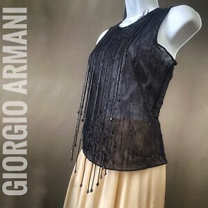 Giorgio Armani Black Beaded Fringe Top, Formal Evening Sleeveless Shell Size 40