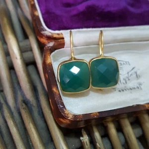 925 Sterling Silver Earrings, Green Chalcedony Earrings, Closed Hooks, Gold Over - Picture 1 of 7