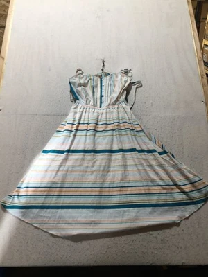 Vestido LC Lauren Conrod para mujer 4 rosa verde azulado rayas claro aireado botón correa para el cuello en V Foto 1 de 4