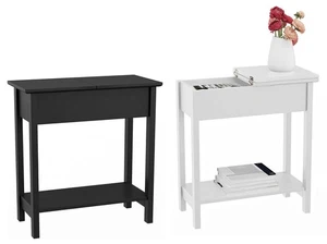 Modern Sofa Side Coffee Table Flip Top 2 Tier Narrow Nightstand Storage Shelf - Picture 1 of 15