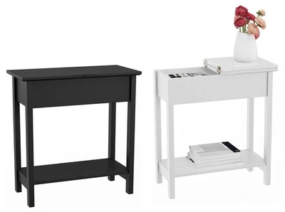 Modern Sofa Side Coffee Table Flip Top 2 Tier Narrow Nightstand Storage Shelf - Image 1 of 2