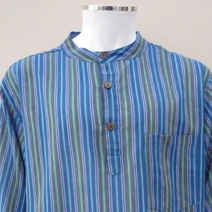 CAMISA DE ABUELO Hippy Informal Unisex Sin Cuello en AZUL Rayas de Algodón - Boho Clásico - Imagen 1 de 3