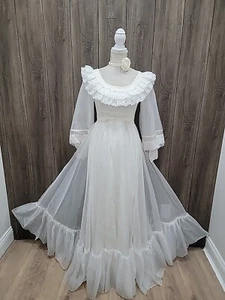 VTG White Chiffon Wedding Dress, Southern Belle Style /Bishop Sleeves - Picture 1 of 12