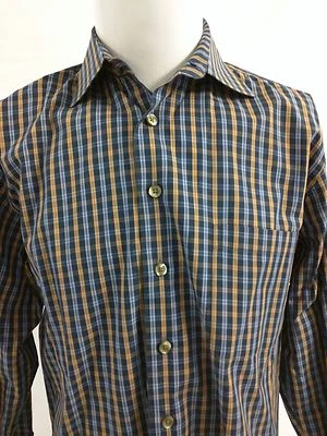 MINE Gingham Plaid Blue Brown Button Up Shirt Striped Flip Cuff Size Medium  - Image 1 of 4