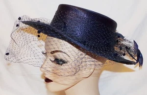 Vtg Womens Hat Navy Blue Veil Feathers 22" M Formal Church - Picture 1 of 7