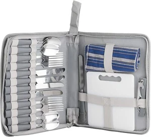 BRUBAKER Picknick Besteckset 4 Personen mit Schneidbrett Grau für Camping Reisen - Bild 1 von 9