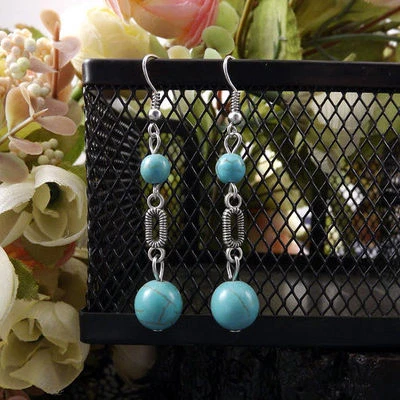 Grandes Pendientes Colgantes Modernos Nuevos Plata Tibetana Turquesa Cuentas y Gancho de Alambre Foto 1 de 3