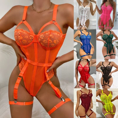 Women Lace Lingerie Nightwear Body Stocking Suspender Erotic Underwear Bodysuits - Image 1 of 4