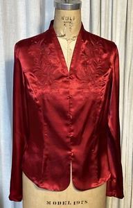 Laura Scott Womens Red Satin Embroidered/Beaded L Sleeve Blouse Sz 6 Pre-owned - Picture 1 of 11