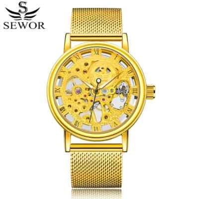 Reloj Mecánico Plateado Moda Acero Inoxidable Correa Malla Hombres Relojes Esqueleto Foto 1 de 4
