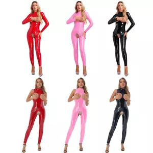 Damen Hollow Out Catsuit Schrittloser Reißverschluss Rücken Lackleder Bodysuit - Bild 1 von 75