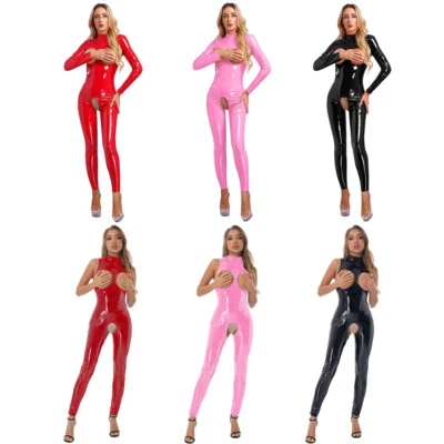 Damen Hollow Out Catsuit Schrittloser Reißverschluss Rücken Lackleder Bodysuit - Bild 1 von 3