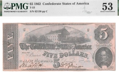 T-53 PF-2 1862 $5 Confederate States Civil War Note Full Framed Beauty! PMG AU53 - Image 1 of 4