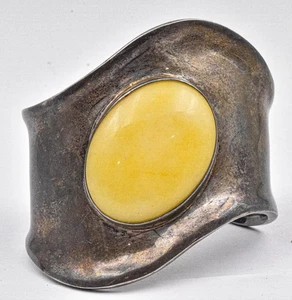 Vintage Sterling Silver & Butterscotch Amber TURE' Signed Cuff Bracelet 7.25" - Picture 1 of 6