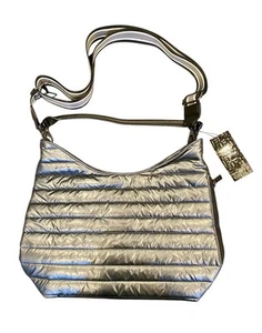 Nuevo con etiquetas Bolso de Hombro Think Roylyn Gris Metálico Acolchado con Correa Bandolera a Rayas C - Imagen 1 de 10