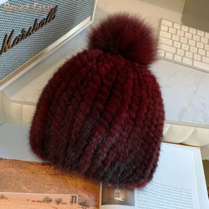 Womens Real Mink Fur Hat Beanie Skull Cap Knitted Warm Hat W Real Fox Fur Ball - Picture 1 of 15