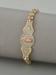 Brazalete Esclava Pulsera Manilla de Oro 10K Joyería con Virgen Maria Para Mujer - Picture 1 of 5