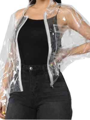 Women PVC Leather See-through Jacket  Transparency Front Zip Perspective Coat  - Image 1 of 4