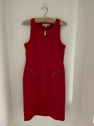 Abito sartoriale MICHAEL KORS rosso cremisi taglia 2 busto 34” oro zip davanti tasca zip
