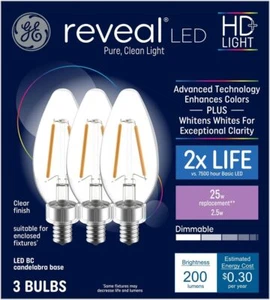 (3 bulbs) GE 42465 Reveal LED 25-Watt equivalent LED Chandelier Bulb, 200 - Picture 1 of 4