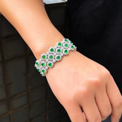 Brazalete brazalete ancho de tenis verde vivo redondo circonita cúbica plateado para mujer Foto 1 de 4