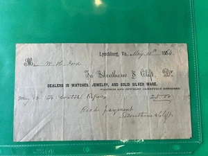 Historische Lynchburg Va. Urkunde von 1854. Quittung Uhrenreparaturen Silverthorn - Bild 1 von 2