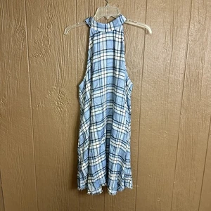 NWT Mud Pie High Neck Clara Mini Swing Dress Size L Blue Plaid Viscose Raw Hem - Picture 1 of 9
