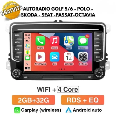 Autoradio Golf 5 6 Carplay Android Auto 2 Din GPS 7 Pollici Touchscreen 2G/32G - Immagine 1 di 4