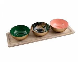 THIRSTYSTONE GOLD BRASS SNACK  BOWL 12 OZ 2.5" SET OF 3 WITH MANGO WOOD TRAY NEW - Picture 1 of 4