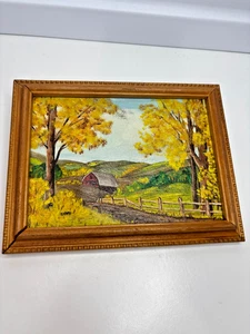 Original Oil on Canvas Autumn Farm scene landscape Frame 8X6" SIGNED SYBIL - Picture 1 of 6