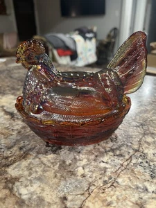 Vintage L.G. Wright/Indiana Glass Amberina Red Hen On Nest Dish Split Tail - Picture 1 of 11