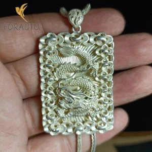 Chinesischer Tibet Silber geschnitzter Drache Anhänger und Halskette Fu Wort - Bild 1 von 3