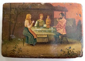 RUSSISCHE ANTIKE LACKDOSE VISHNJAKOW MANUFAKTUR TEEPARTY aus dem 19. Jh. mit SAMOWAR - Bild 1 von 9