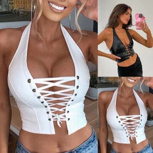 Women Sexy Front Lace-up Cami Bustier PU Leather Crop Tops Halter Neck Tank Vest - Picture 1 of 17