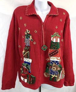 Vintage heirloom collectibles Cardigan sweater L zip front red Christmas holiday - Picture 1 of 5
