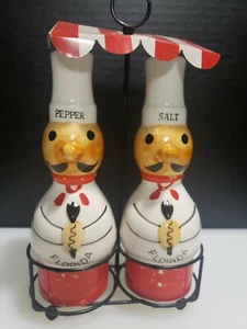 VINTAGE 50S 60S Salt Pepper Shakers Japan RARE CHEF, FLORIDA, W/ CANAPY HOLDER - Picture 1 of 8