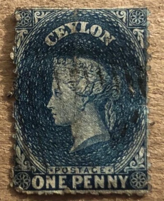 TC1 Ceilán 1863 1 penique sello azul áspero perf Foto 1 de 3