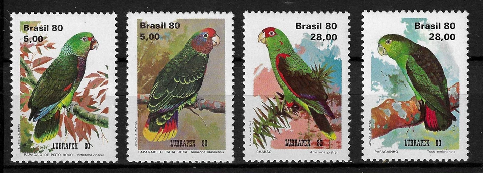 巴西 1980 Mi.No. 1789 - 1792 年巴西鸟类鹦鹉 4 伏全新邮票 * 7,50 欧元 — 第 1/1 张图片
