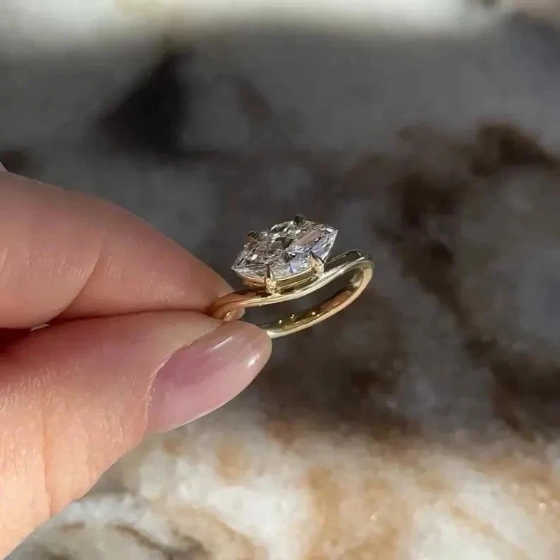 Vintage 1.50CT Marquise Moissanite East West Wedding Ring Solid 14k Yellow Gold - Image 1 of 4