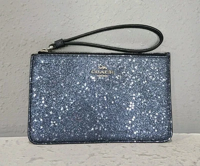 Coach Glitter Wristlet Blue Sparkles and Stars Black Inside Back Leather Strap - Image 1 of 4