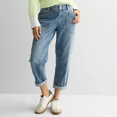 Jeans Sonoma Utility Feminino 6 Azul Lavagem Média Patch Bolsos Elásticos NOVO - Imagem 1 de 4