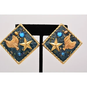 Orecchini Vintage Clip On Stella Cowboy Sella Cristallo Smalto Oro Grossi Anni 80 BinAF - Foto 1 di 12