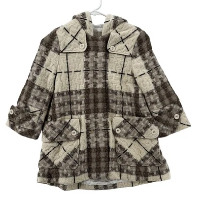 Burberry Coat Girls 8Y 128cm Brown Beige Plaid Hooded Button Pockets Lined - Image 1 of 4