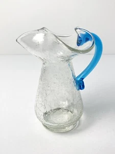 Pilgrim Crackle Glass Creamer Pitcher Mini Vase Ruffle Blue Applied Handle - Picture 1 of 13