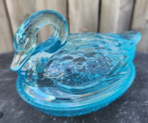 SWAN COVERED CANDY DISH BLUE GLOW GLASS SWAN COVERED CANDY DISH AND BASKET - Picture 1 of 9