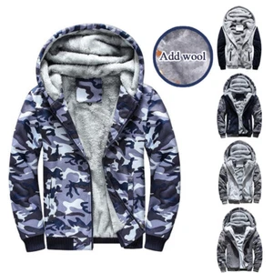 Mens Camo Padded Warm Sherpa Fleece Fur Lined Hoodie Zip Up Winter Coat Jacket Ḛ - Picture 1 of 10